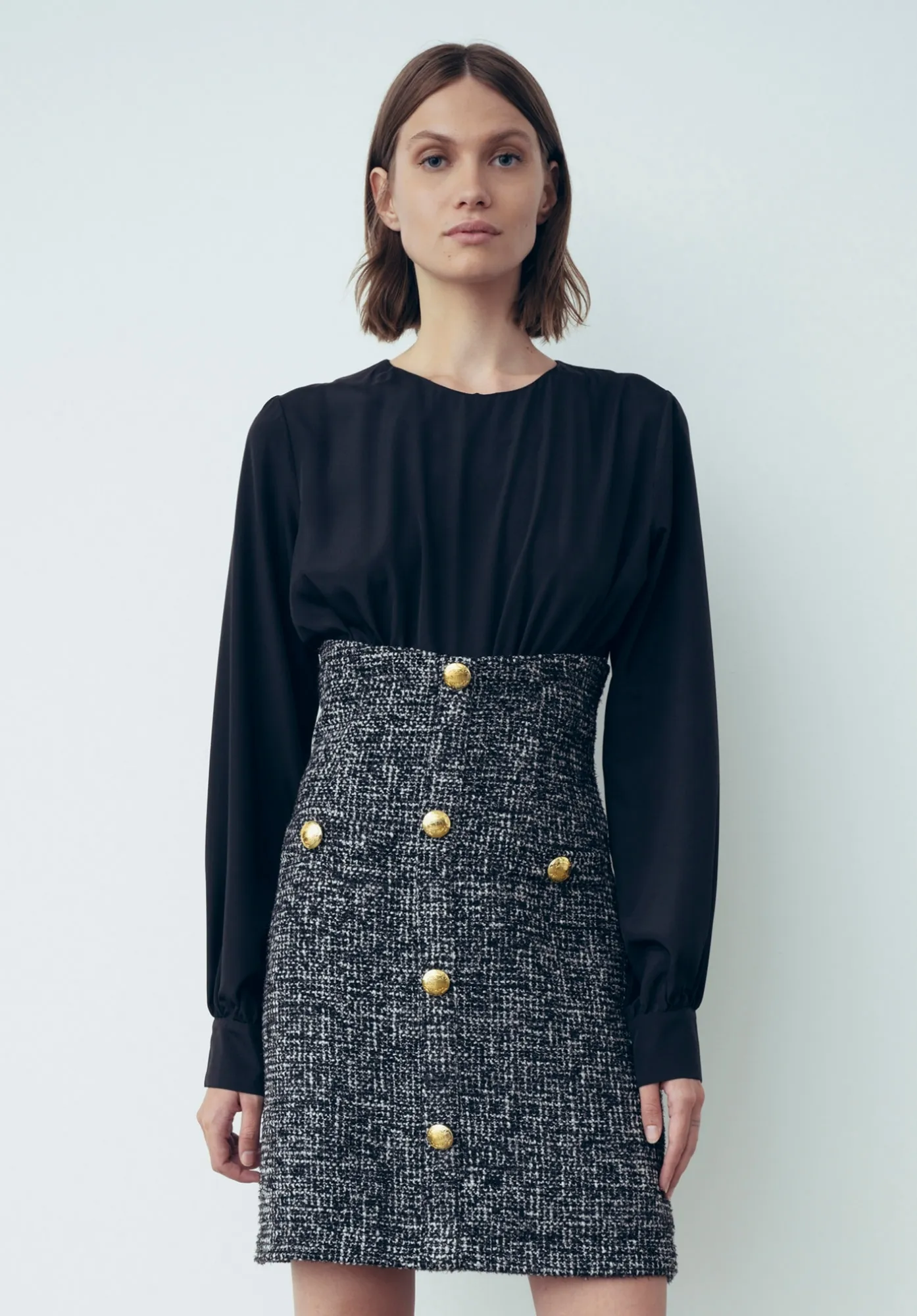 Abito Tubino Con Camicia In Crepe E Boucle Nero - Gaëlle Paris