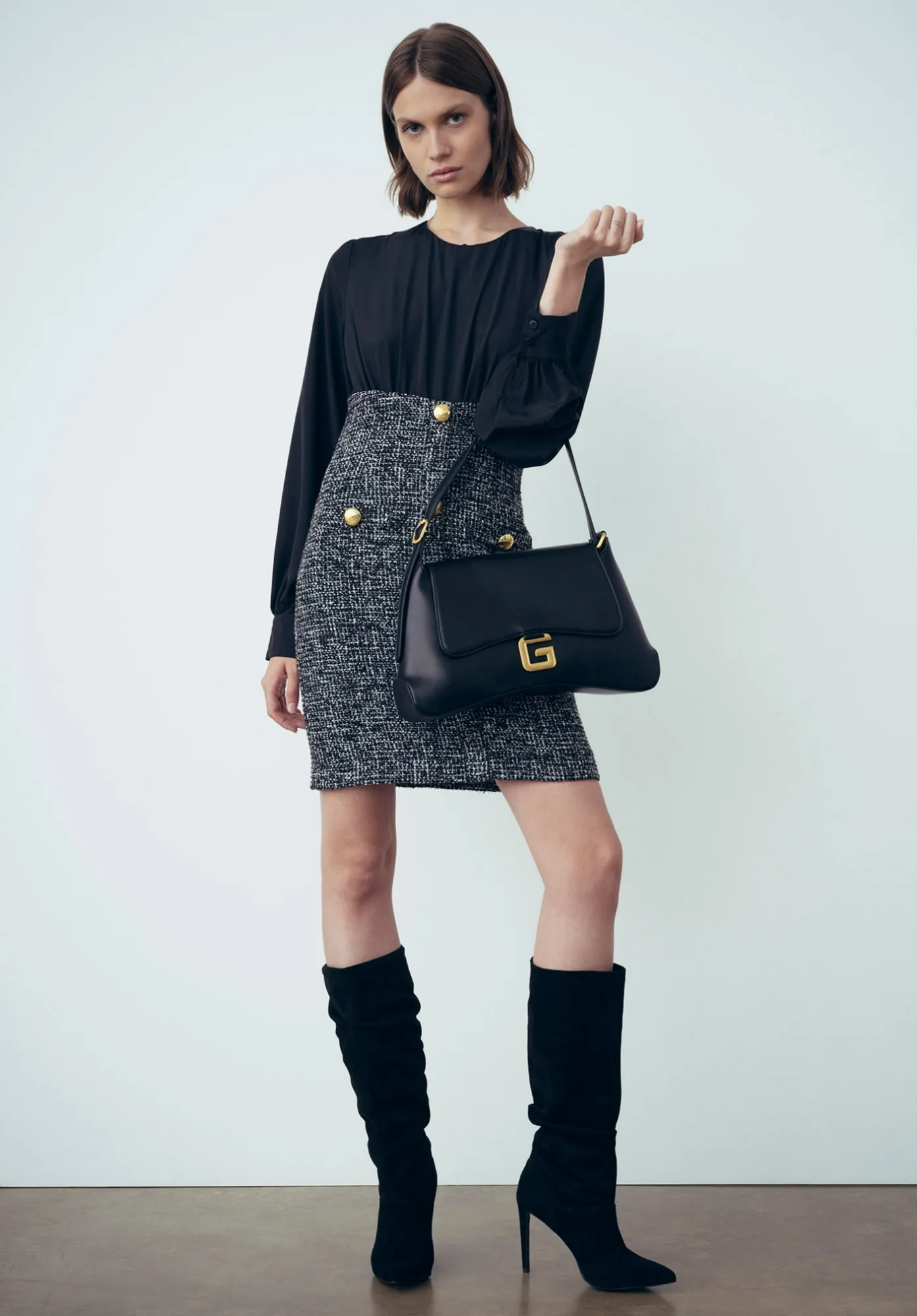 Abito Tubino Con Camicia In Crepe E Boucle Nero - Gaëlle Paris