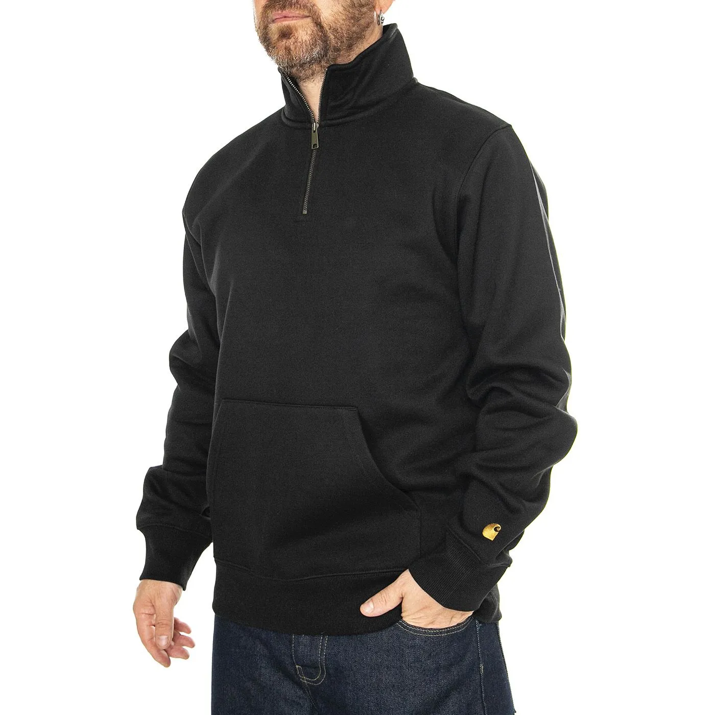CARHARTT WIP Chase Neck Zip Sweat Black / Gold - Felpa Uomo Nera    